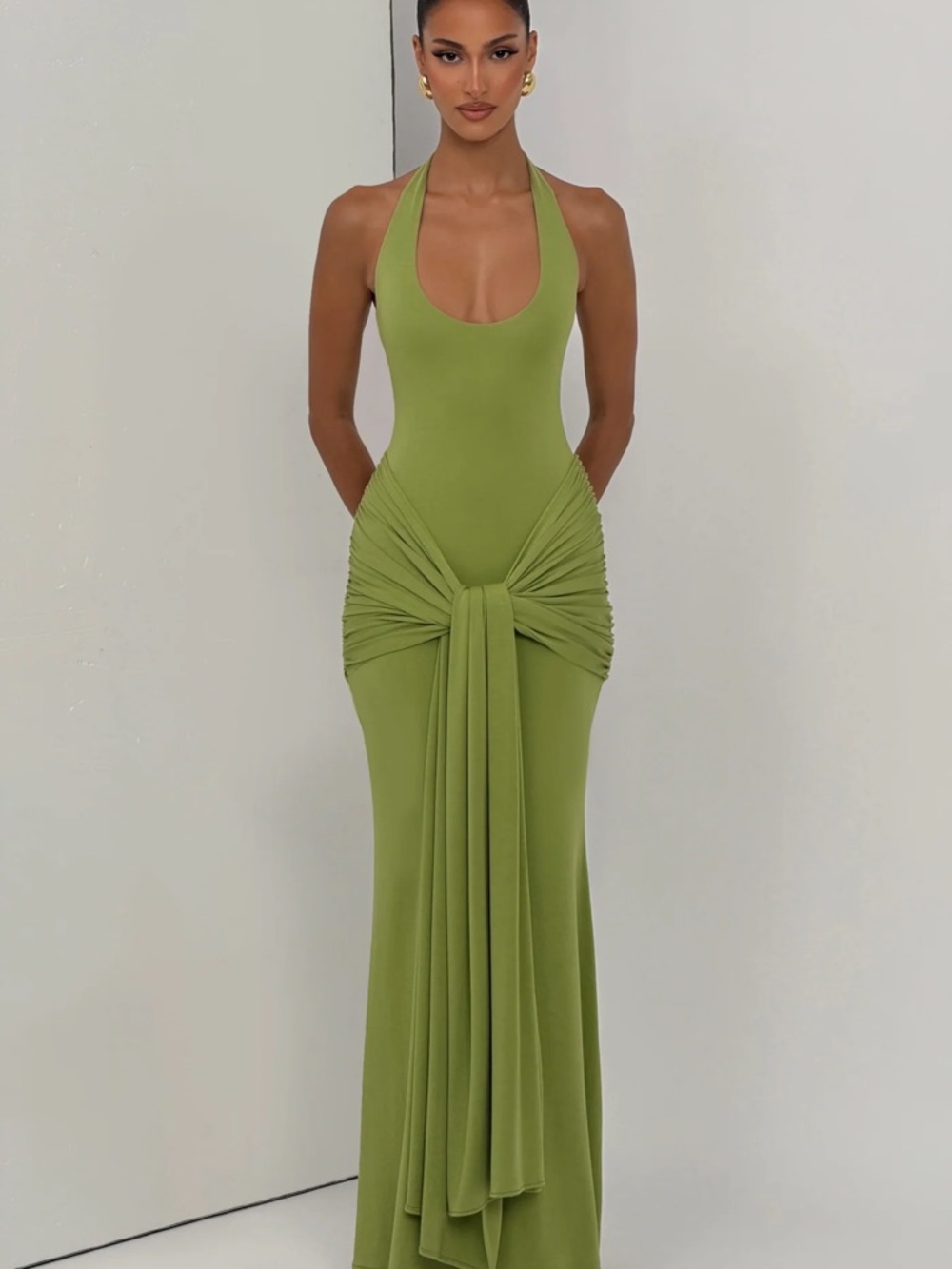 Sculpted Halter Maxi Dress in Olive Green